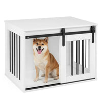 31.5" Dog Crate Furniture With Sliding Barn Door, Wooden Dog Kennel End Table For Indoor Use - White
