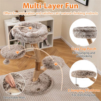 4-Level Natural Pear Wood Cat Tree - 19.5"x35.5", Jute Scratch Posts + Plush Ball, Long Plush