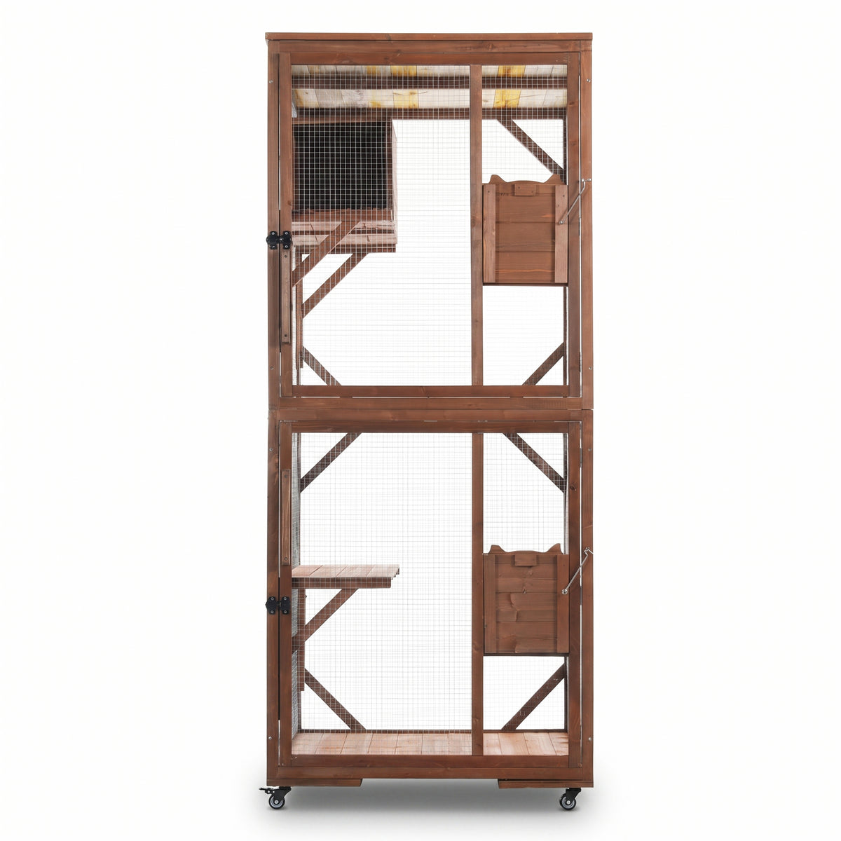 Large 2-Tier Outdoor Wooden Cat Enclosure on Lockable Wheels, Solid Fir Cat Cage with Multi-Level Platforms & Resting Ho