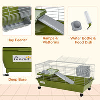 35"L Small Animal Cage, Rolling Bunny Cage, Guinea Pig Cage with Food Dish, Water Bottle, Hay Feeder, Platform, Ramp for