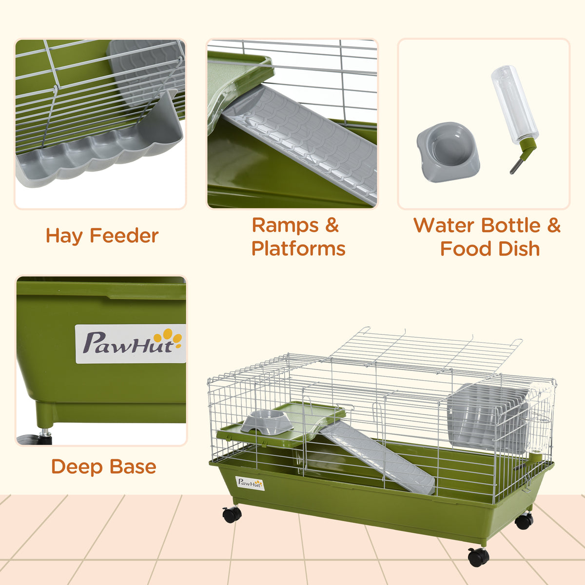 35"L Small Animal Cage, Rolling Bunny Cage, Guinea Pig Cage with Food Dish, Water Bottle, Hay Feeder, Platform, Ramp for