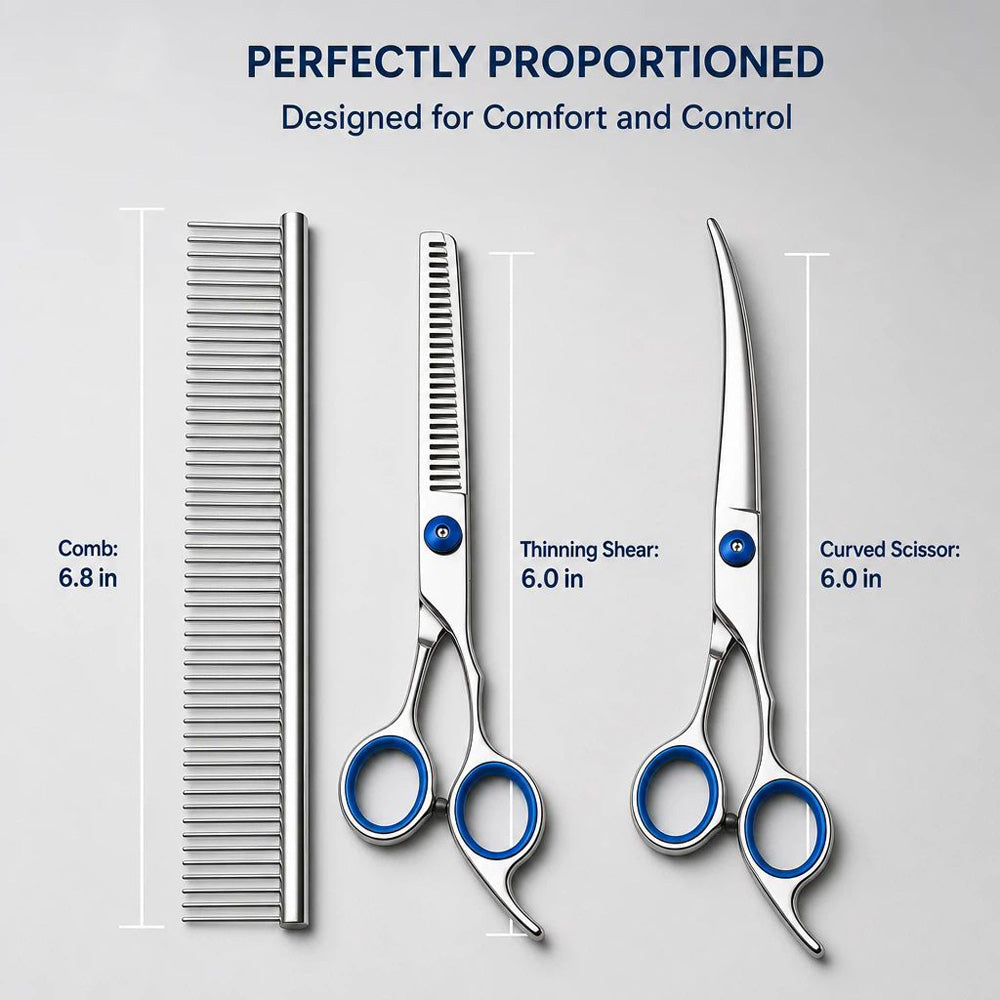 Pet Grooming Scissors Kit, 4 In 1 Professional Stainless Steel Dog Cat Grooming Shears Set, Straight & Curved & Thinning