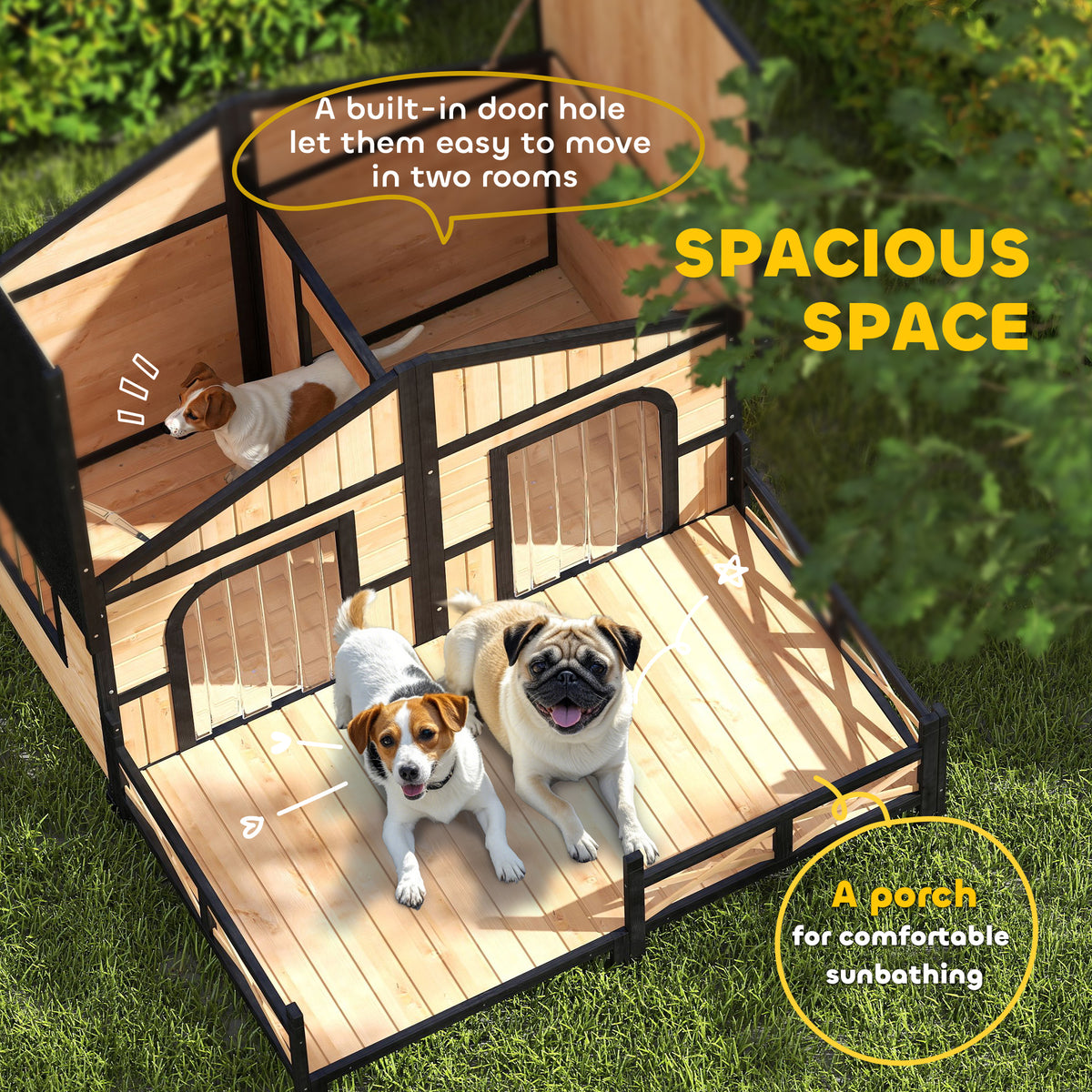Dog House Outdoor, Wooden Dog Kennel Weatherproof with Porch, Openable Roof, Removable Bottom, Elevated Floor, Double Ro