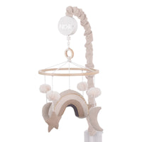Rainbow Moon and Stars Pom Pom Ivory, Taupe, and Natural Wood Tones Plush Nursery Musical Mobile - BIG FRENCHIES