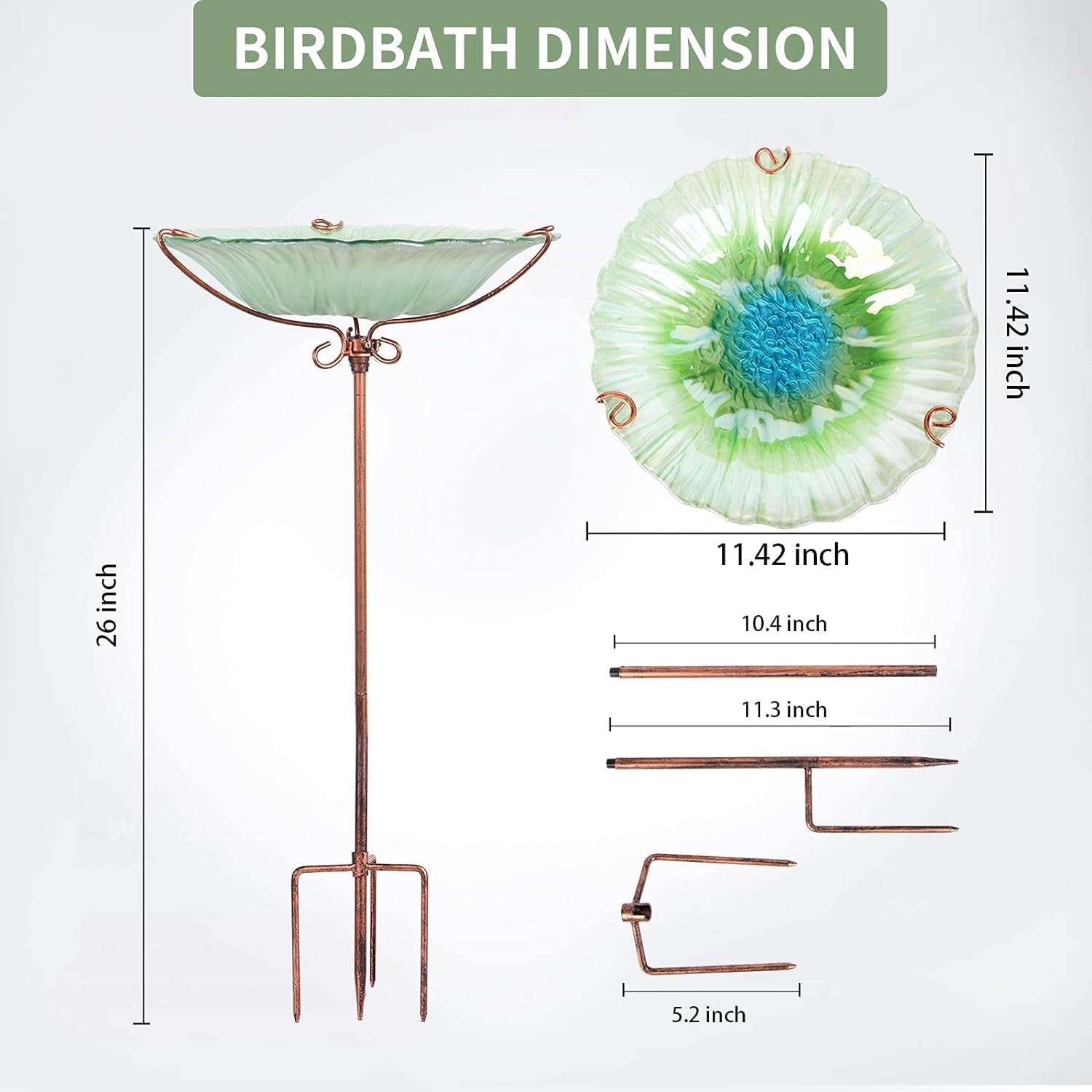 26 Inch Height Glass Birdbath Birdfeeder with Metal Stake Garden Outdoor Green - BIG FRENCHIES