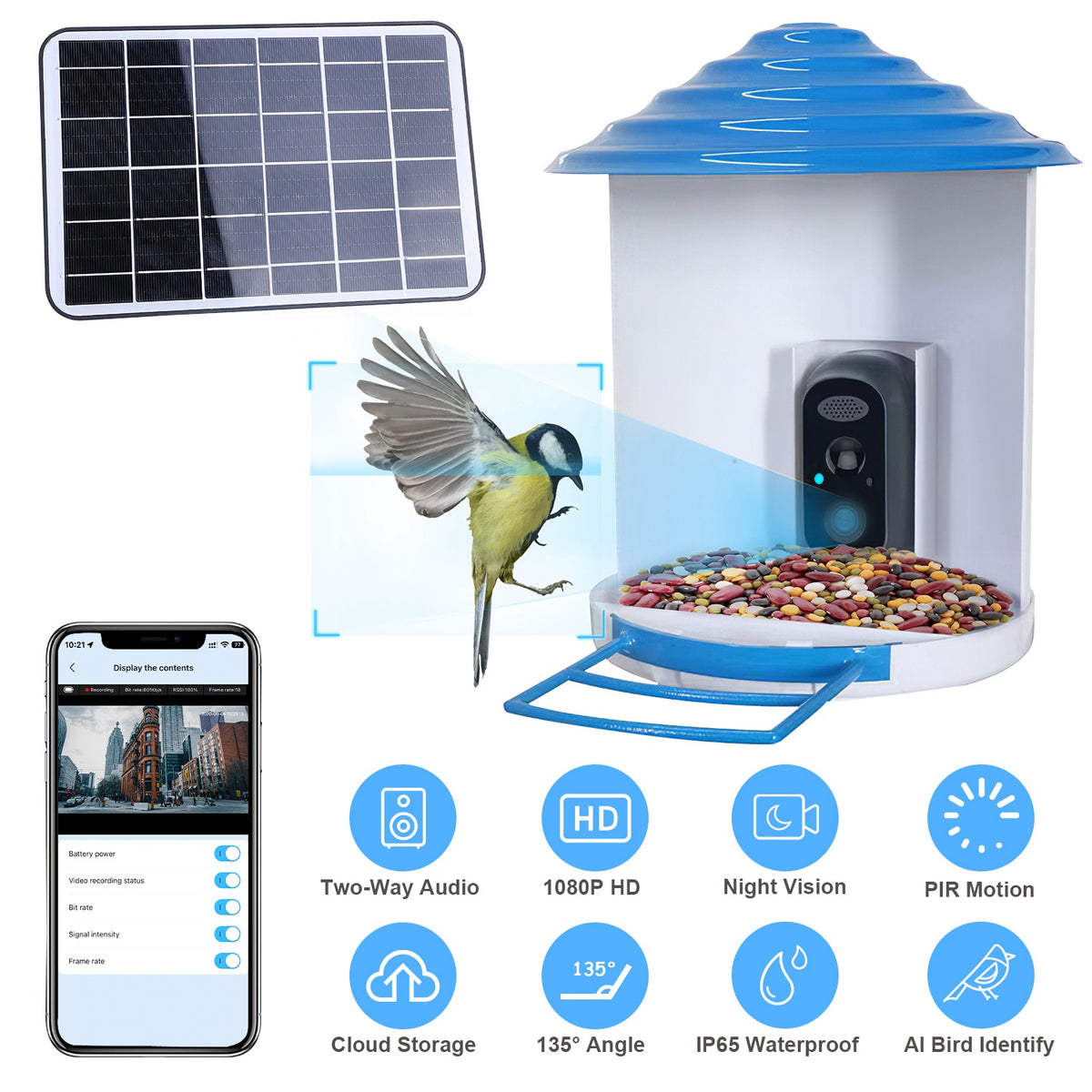 Smart Bird Feeder With Solar Powered Camera 1080P HD AI Identify PIR Motion Auto Capture Video Cloud Card Storage WiFi C