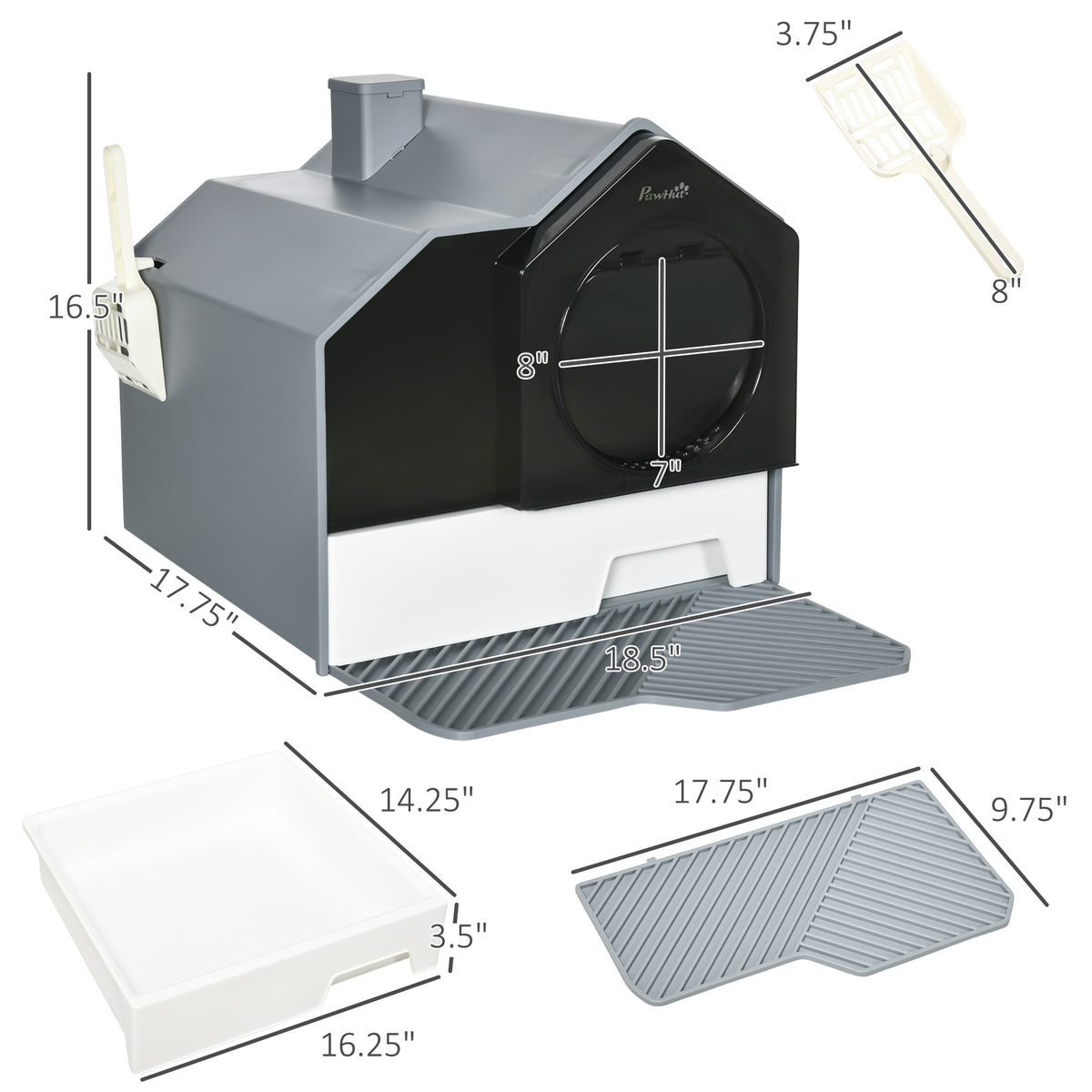 Hooded Cat Litter Box w/ Litter Mat, Litter Particle Catching, Gray