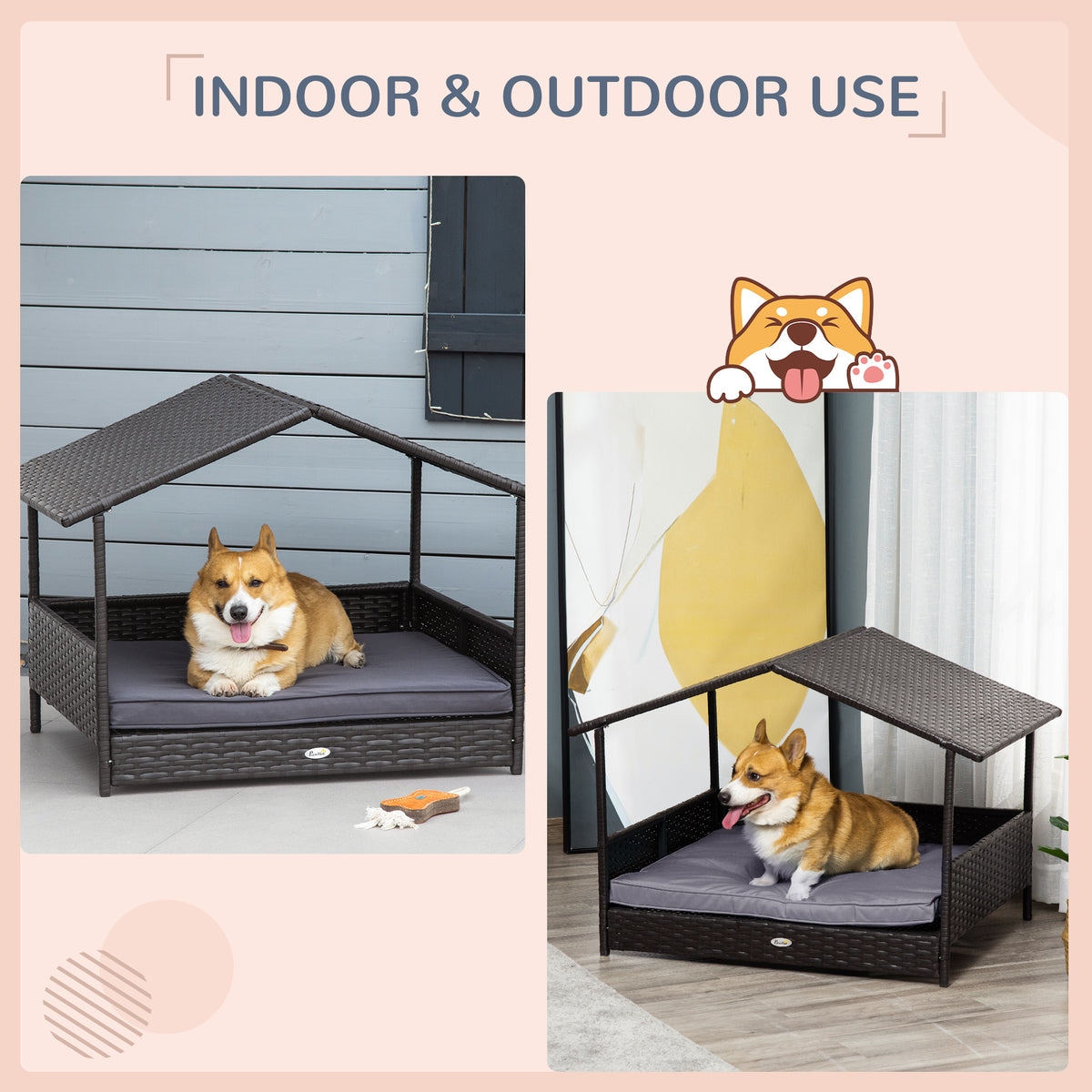 Wicker Dog House Outdoor with Canopy, Rattan Dog Bed with Water-resistant Cushion, Raised Pet Bed for Small, Medium Bree