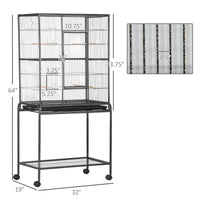 30" Rolling Metal Bird Cage Feeder with Detachable Rolling Stand, Storage Shelf, Wood Perch & Food Container