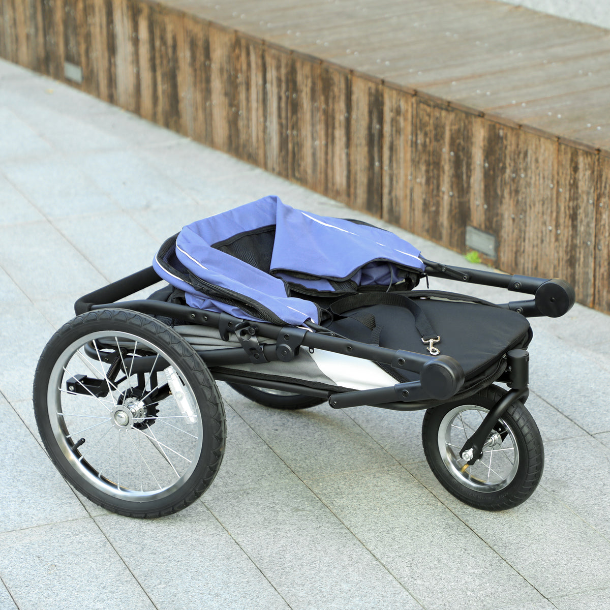 3 Wheels Dog Stroller W One-Hand Fold, Rubber Wheels, Storage Bag, Soft Cushion, For Small & Medium Dogs, Blue