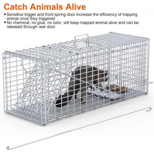 Live Animal Trap Cage 37x14x15in Folding Catch And Release Humane Cat Trap Galvanized Iron For Raccoons Foxes Coyotes St