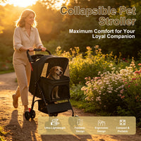 Foldable Pet Stroller for Small Dogs and Cats Under 28 lbs with Multi-Functional Tray, 2 Safety Leashes, Storage Basket 