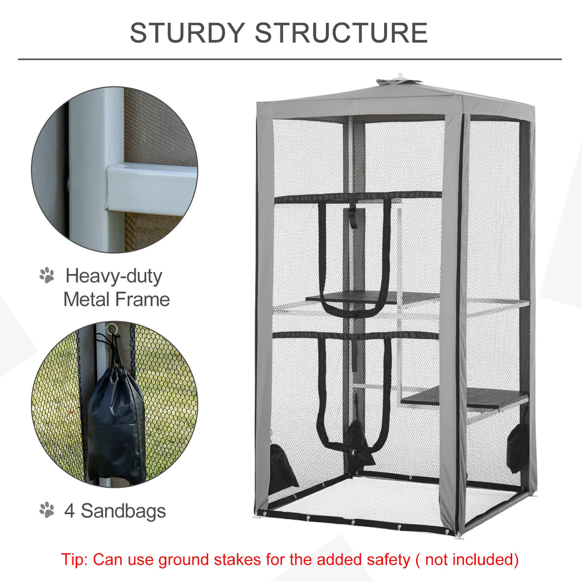 79" Cat Cage, Large Outdoor Kitten House, Indoor Cage Pet Kennel Playpen with 3 Platforms Door 4 Sandbags - Grey