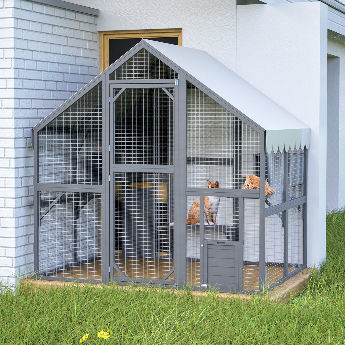 Large Outdoor Cat House, 28ft² Luxury Wooden Cat Run Enclosure Walk in Cat Catio Kitten Condo with 2 Cat Doors, 2 Plaype