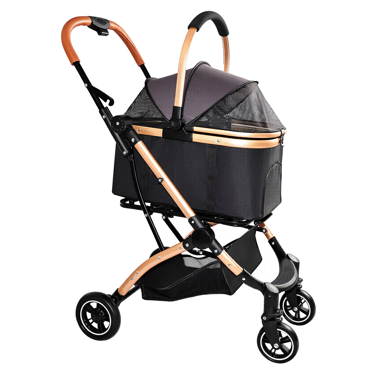 Pet Stroller for Dogs and Cats, 2-in-1 Detachable Foldable 4 Wheels Pet Stroller, Quick One-Hand Fold, Storage Basket, D