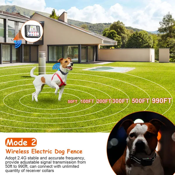 990FT Range Dog Wireless Fence Remote Training Collar IPX6 Waterproof Receiver With 0-9 Levels Beep Vibration Shock Mode