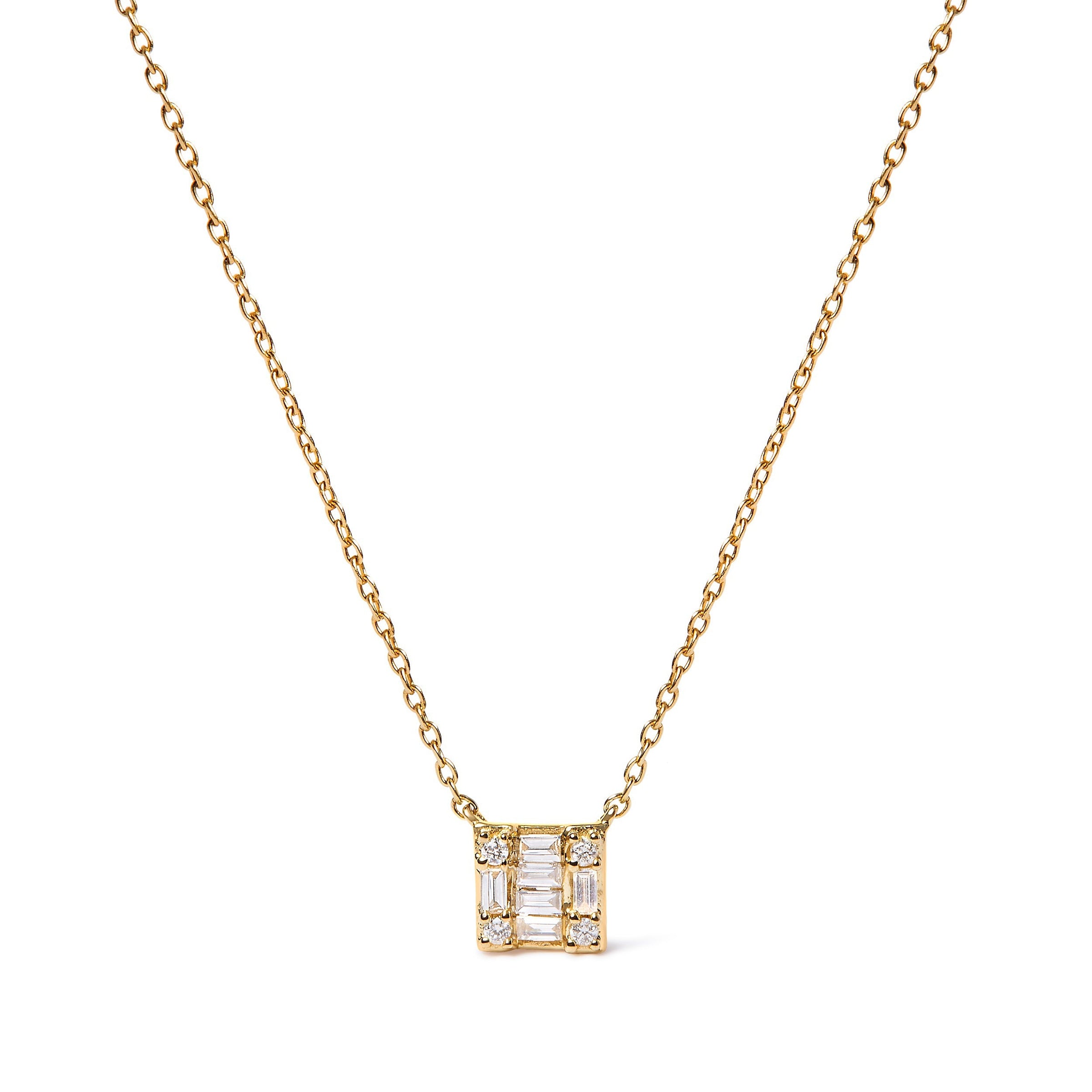 10K Yellow Gold 1/10 Cttw Round and Baguette Diamond Mosaic Composite Square 18" Inch Pendant Necklace (H-I Color, I1-I2 Clarity)