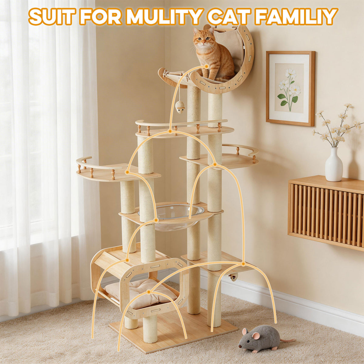 Heavy-Duty No-Drill Large Cat Tree-Solid Wood, 5-Story Multi-Column Cat Tower, 80.4in For Large Spaces & Multi-Cat House
