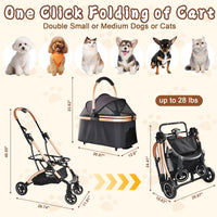 Pet Stroller for Dogs and Cats, 2-in-1 Detachable Foldable 4 Wheels Pet Stroller, Quick One-Hand Fold, Storage Basket, D