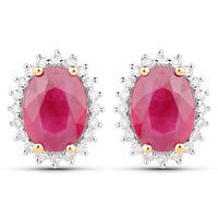3.14 Carat Genuine Ruby and White Diamond 14K Yellow Gold Earrings
