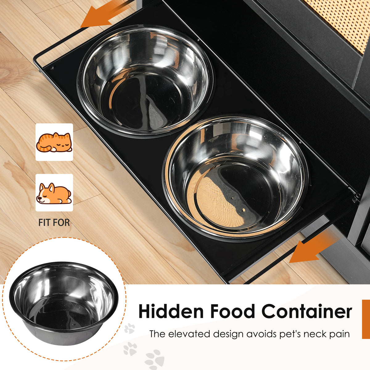 Feeding station with 2 lockers, pet feeding station with 2 elevated dog bowls, side hooks, anti-tipping kit, hidden pet 