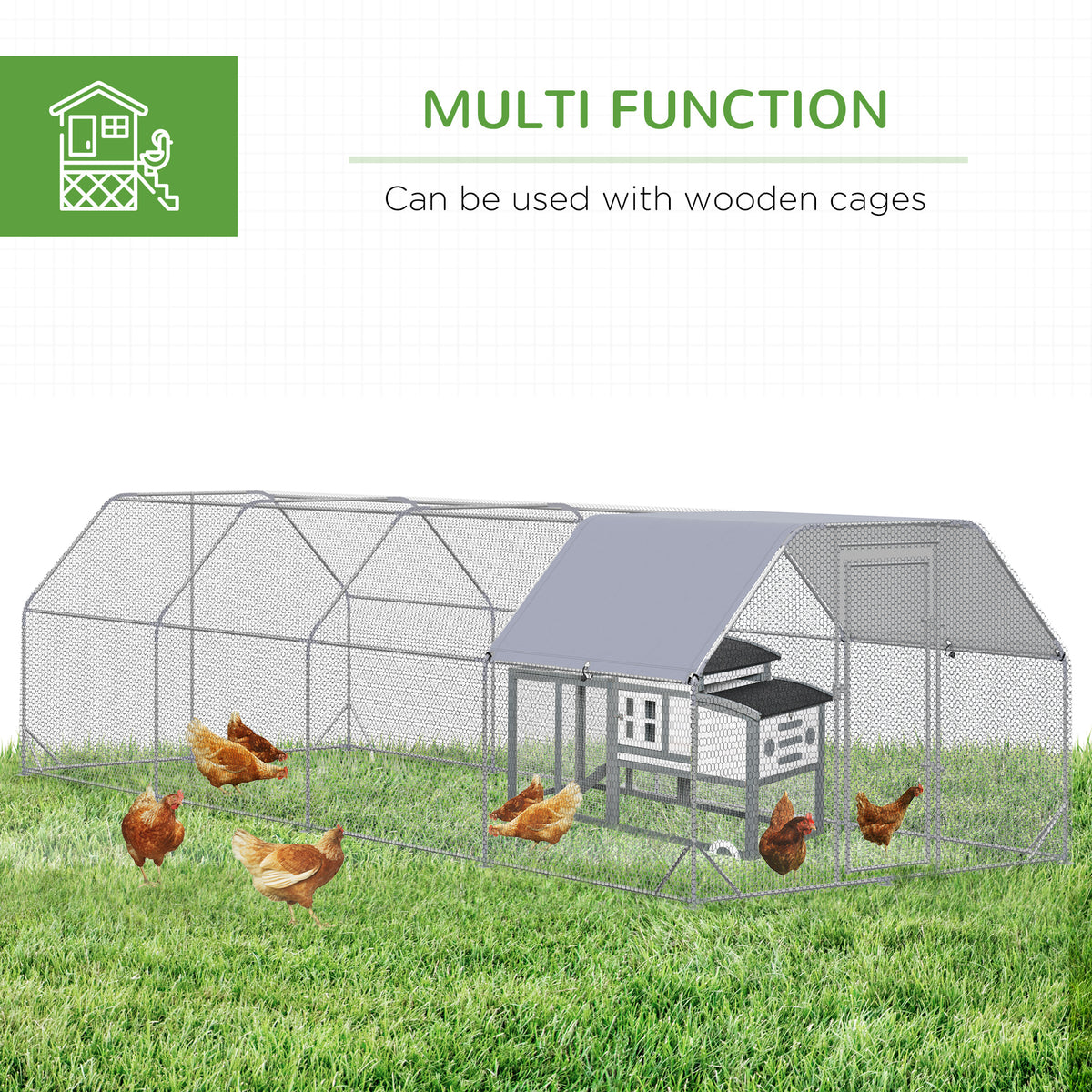 Large Chicken Coop Metal Chicken Run with Waterproof and Anti-UV Cover, Flat Shaped Walk in Fence Cage Hen House for Out
