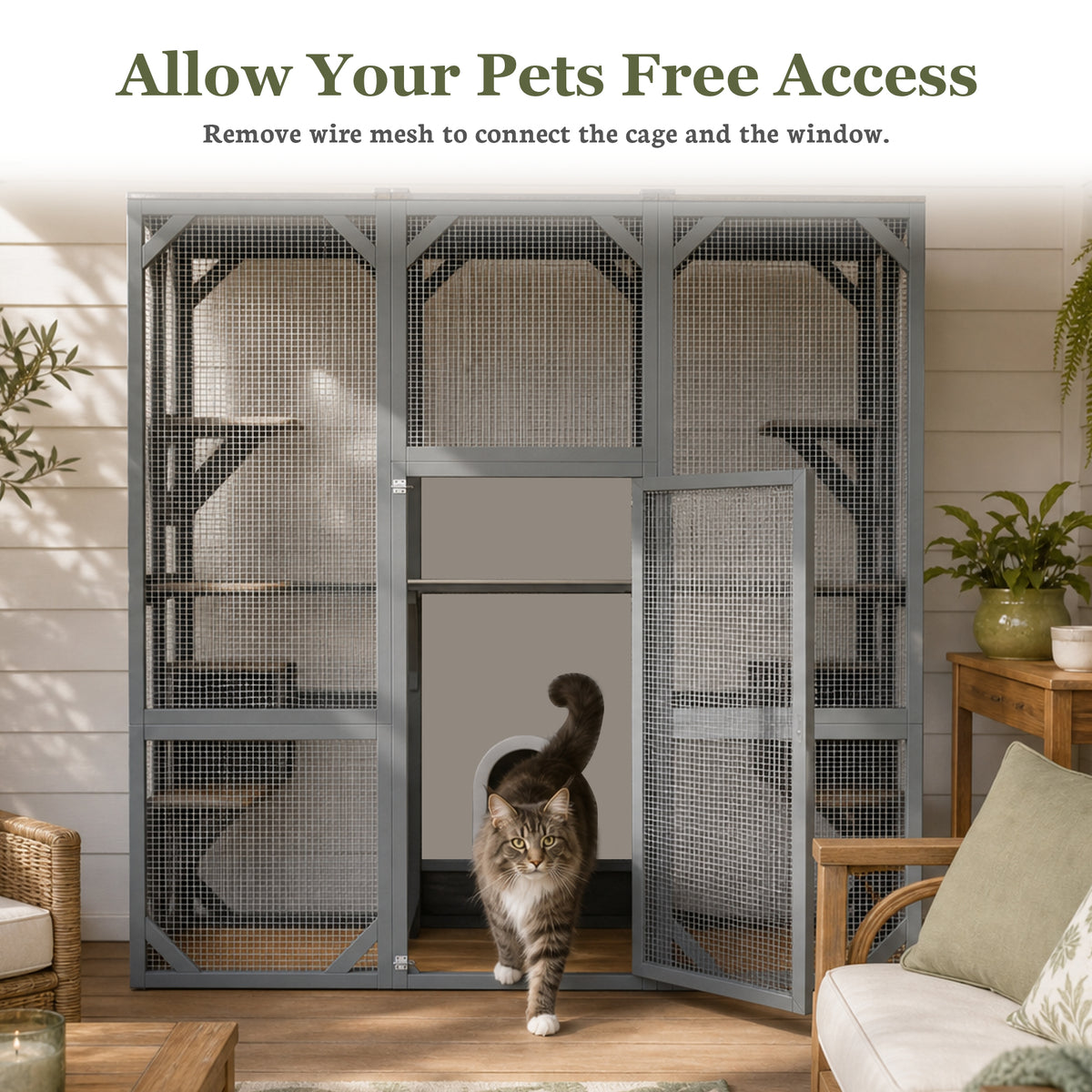71" x 37" x 71" Outdoor Cat Enclosure, Large Wooden Cat Cage with Mesh Panels & Waterproof Roof, Well-Ventilated & Escap