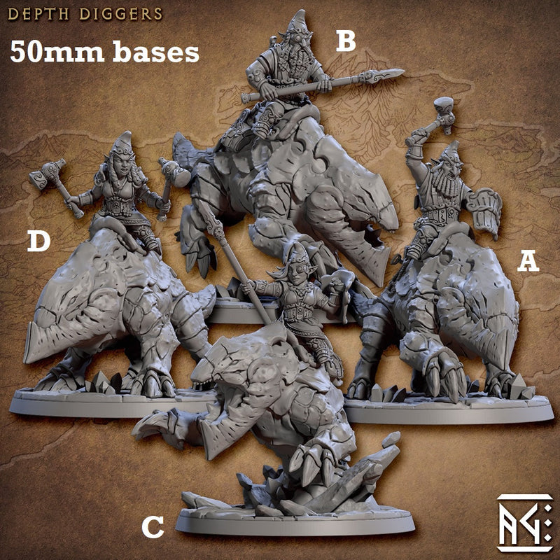 Depth Diggers with Riders (Gnome Cavalry Unit)-3D Printed Miniatures-BIG FRENCHIES-All Systems Go Games