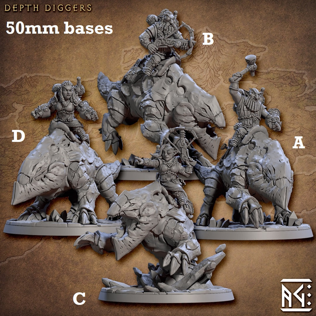 Depth Diggers with Riders (Gnome Cavalry Unit)-3D Printed Miniatures-BIG FRENCHIES-All Systems Go Games