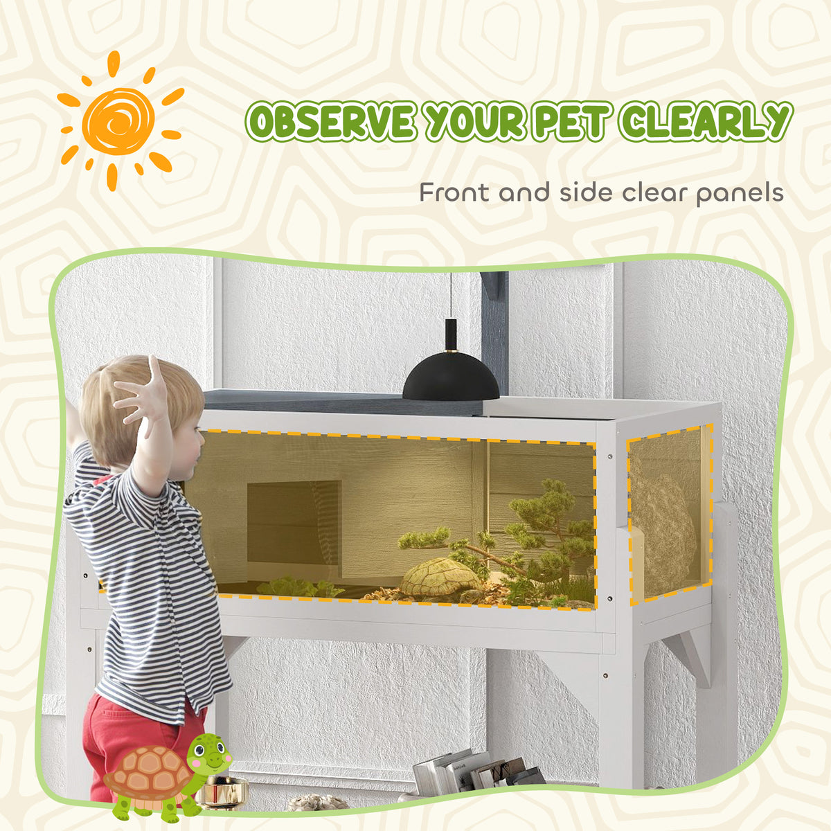 Wooden Tortoise Habitat with Storage Shelf, Tortoise Enclosure with Clear Windows, Openable Top, Lamp Holder, Gray