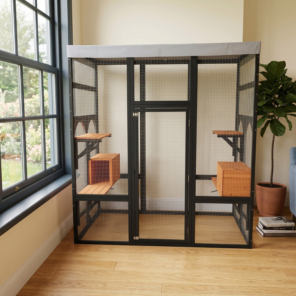 Large Outdoor Cat Enclosure Catio with 5 Platforms & 2 Napping Houses, Secure Metal Wire, Easy Assembly for Indoor & Out