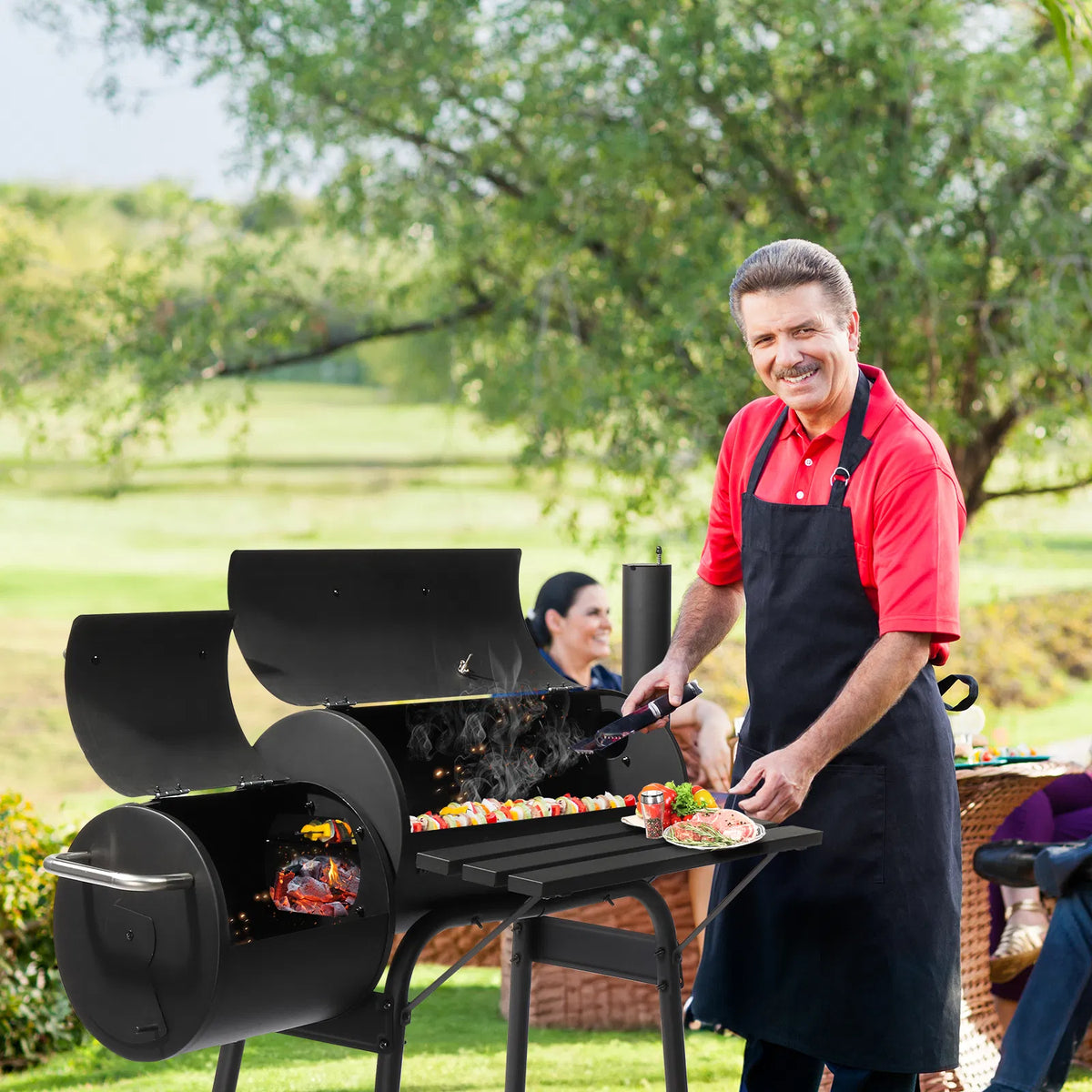 Barrel Charcoal Grill with Offset Smoker, All Metal Outdoor Smoker with Side Table and Wheels for Outdoor Garden Patio a