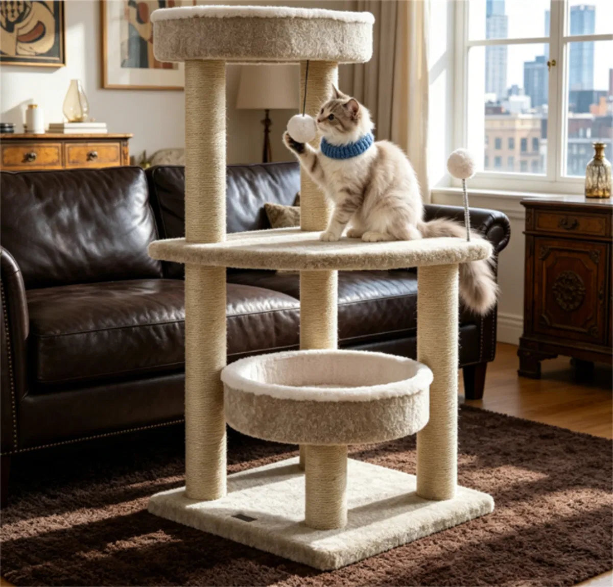 36" Compact SpaceSaving Cat Activity Center, HeavyDuty Stable Cat Climbing Furniture with Plush Rest Areas & Pompom Toy 