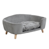 Elevated Dog Bed Frame for Small Dog, Corduroy Pet Couch Bed with Rubber Wood Legs and Supportive Foam, Grey, Easy Assem