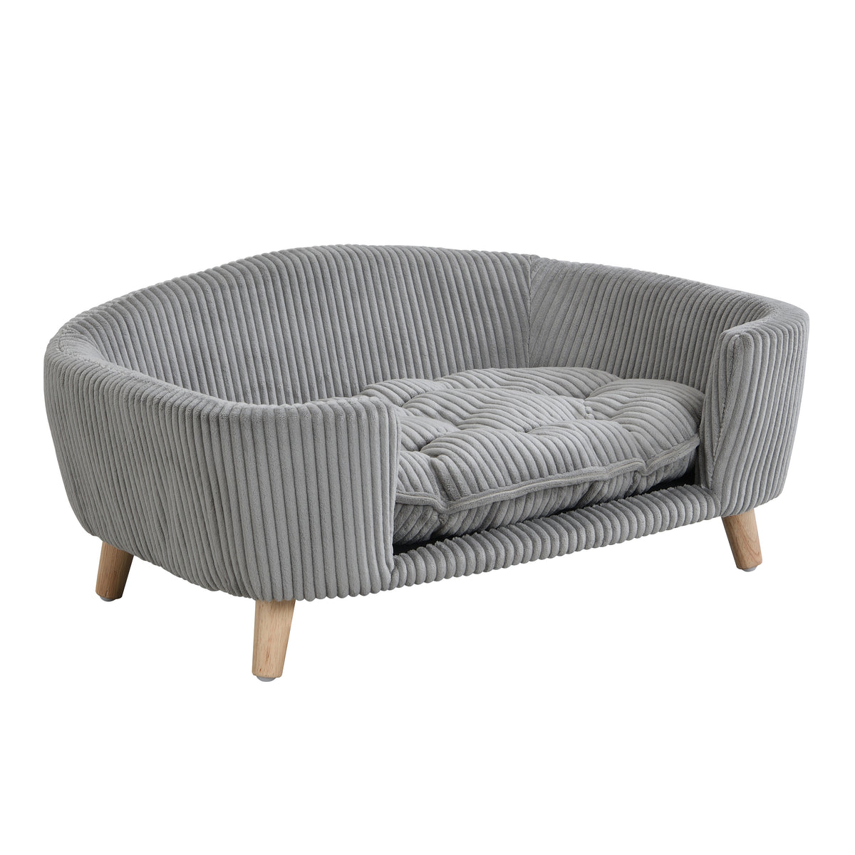 Elevated Dog Bed Frame for Small Dog, Corduroy Pet Couch Bed with Rubber Wood Legs and Supportive Foam, Grey, Easy Assem