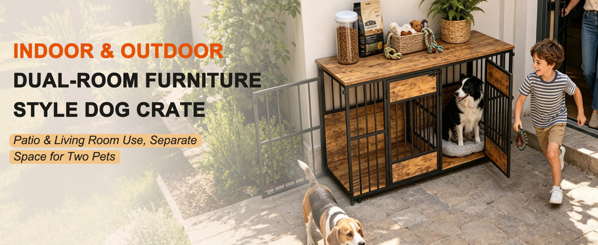 Wooden Dog Crate Furniture, Large Dog Kennel with Storage Top, Indoor Pet Cage
