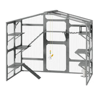 Large Outdoor Catio for 6-10 Cats, Pine Wood Cat Cage Outdoor with Weatherproof Roof, 6 Platforms, Climbing Ramp, 1 Rest