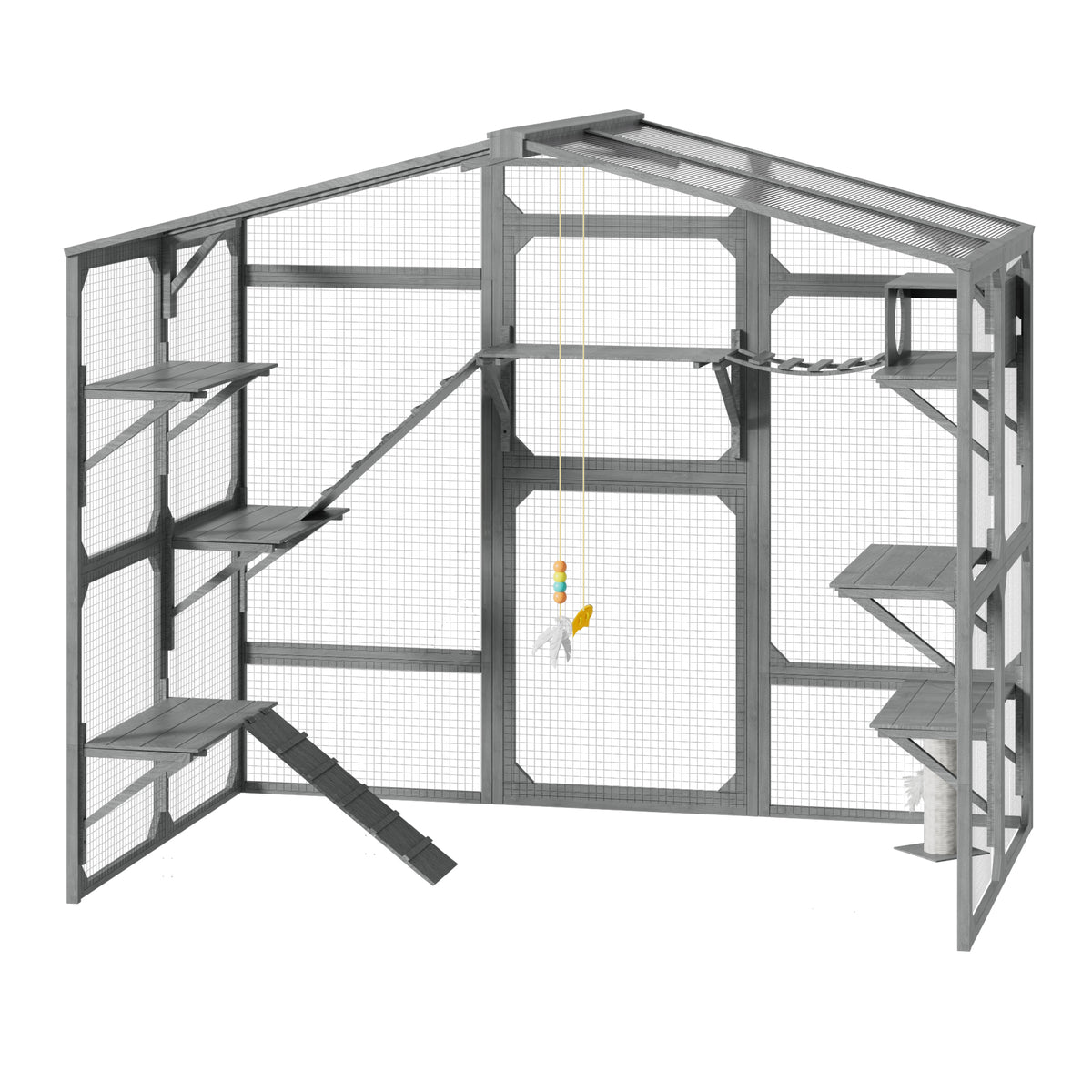 Large Outdoor Catio for 6-10 Cats, Pine Wood Cat Cage Outdoor with Weatherproof Roof, 6 Platforms, Climbing Ramp, 1 Rest