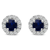 10K White Gold 3.25mm x 3.25mm Round Blue Sapphire and 1/10 Cttw Diamond Halo Stud Earrings (I-J Color, I1-I2 Clarity)