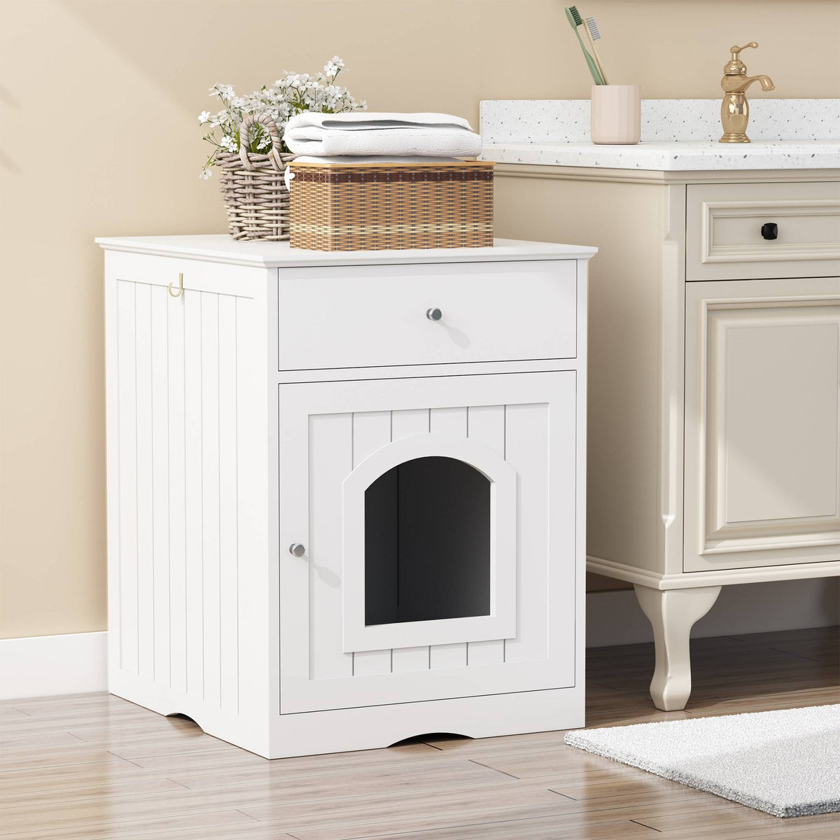 Wooden Pet House Cat Litter Box Enclosure With Drawer Side Table Cat Home Nightstand