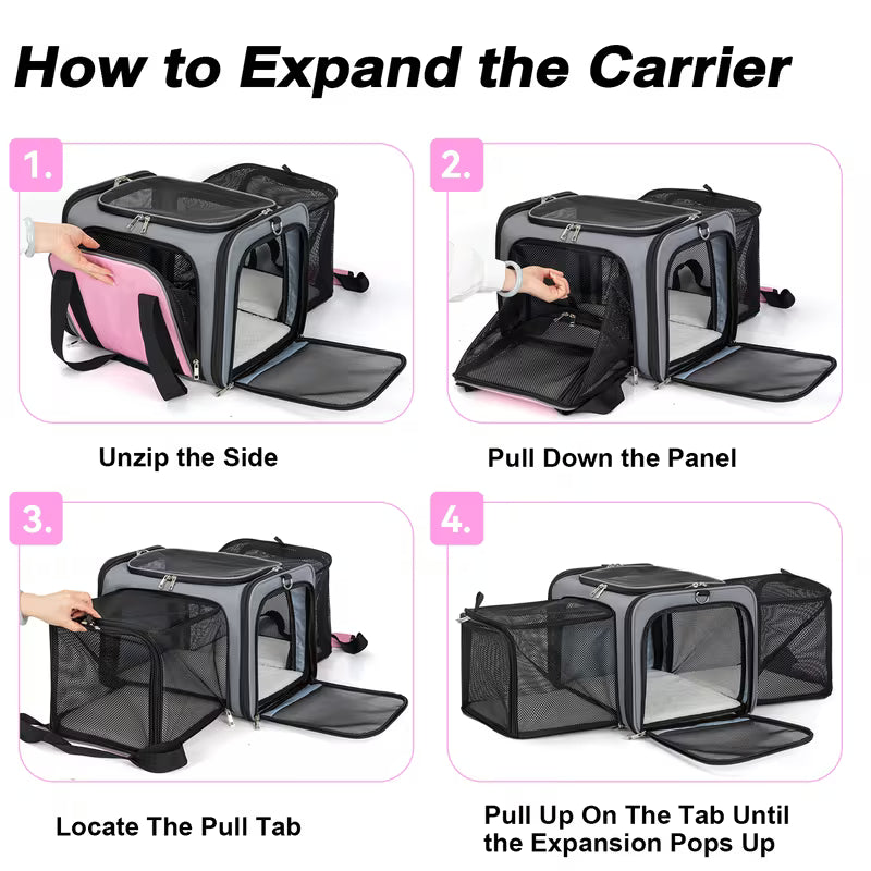 Pink Expandable Rolling Pet Carrier with Detachable Wheelbase – Airline Approved Soft-Sided Travel Bag for Dogs & Cats Under 25 lbs
