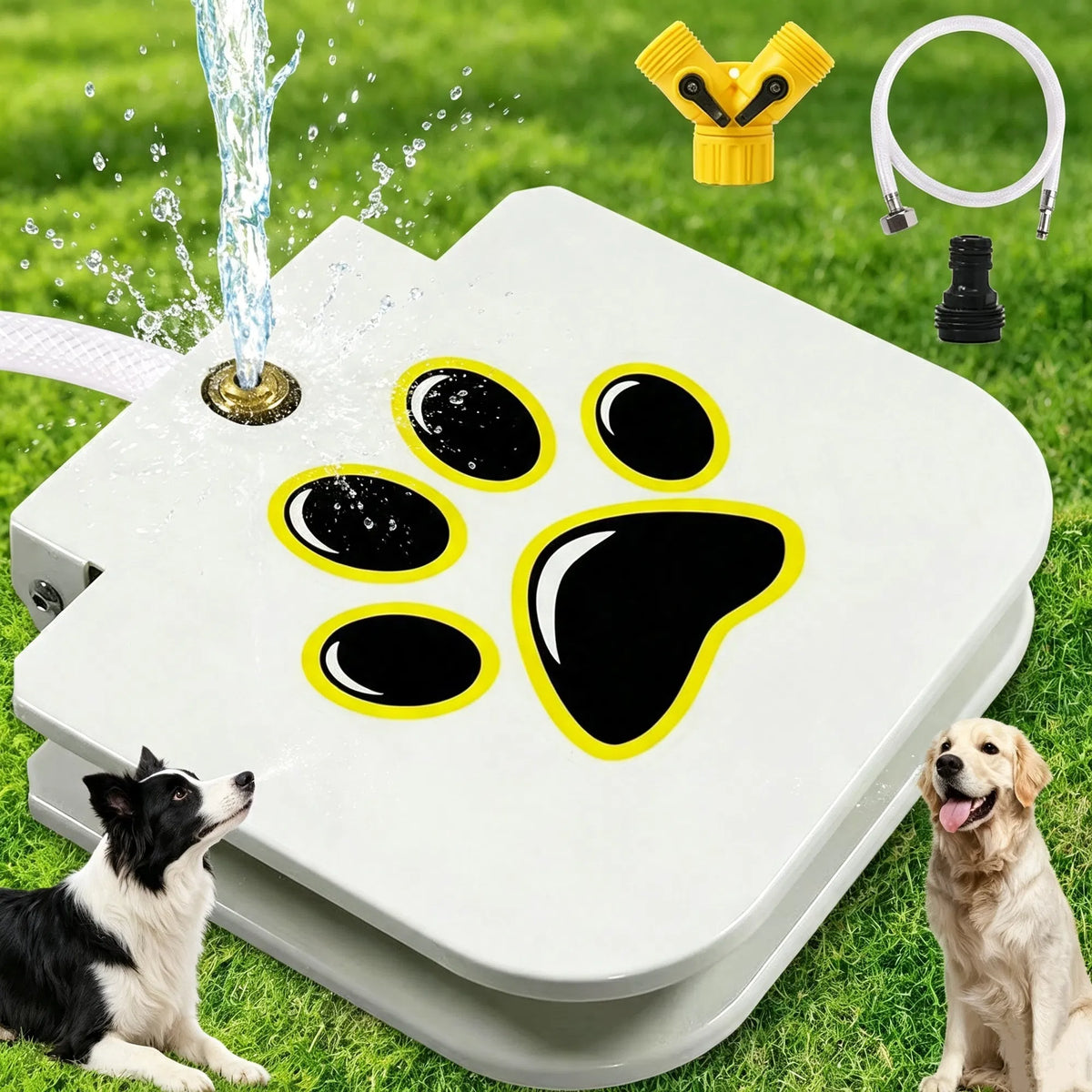 Step Activated Dog Water Dispenser, Outdoor Pet Drinking Fountain with 2-Way Water Splitter, Iron Build for Backyard Gar