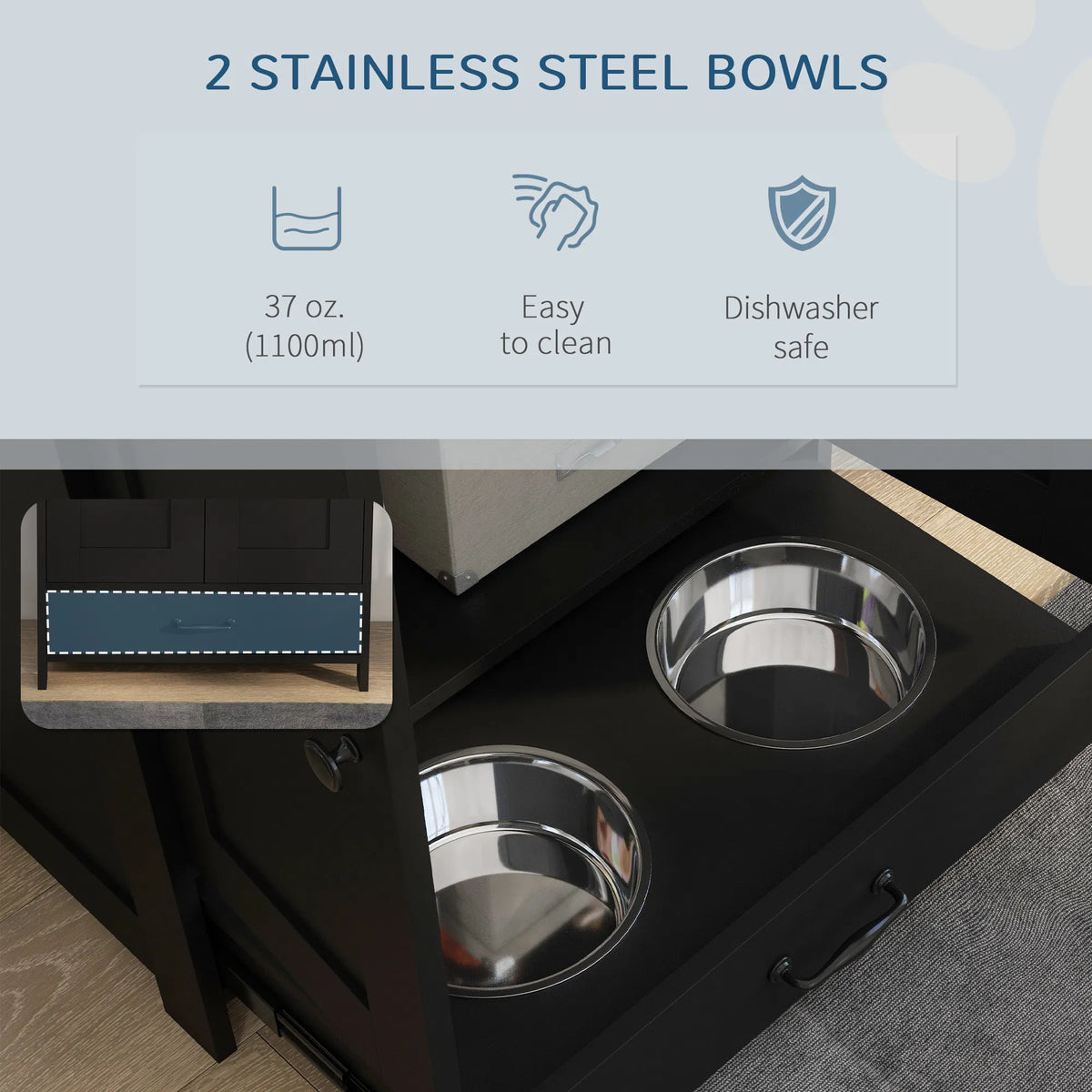 Pet Food Storage Container Dog Feeding Station w/ Adjustable Panel, Hooks, for Medium Sized Dogs, Black