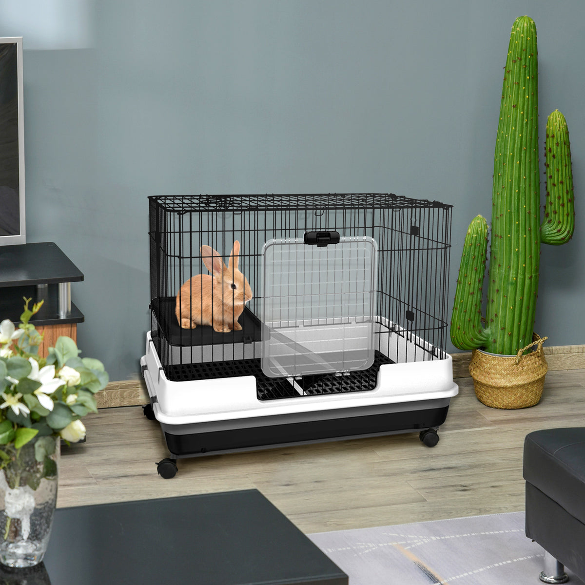 2-Level Small Animal Cage Rabbit Hutch with Wheels, Removable Tray, Platform and Ramp for Bunny, Chinchillas, Ferret, Bl