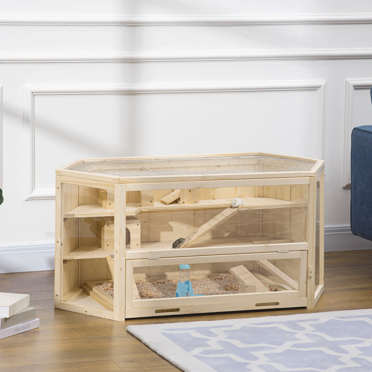 Wooden Large Hamster Cage Small Animal Exercise Play House 3 Tier with Tray, Seesaws, Water Bottle, Activity Center, Nat