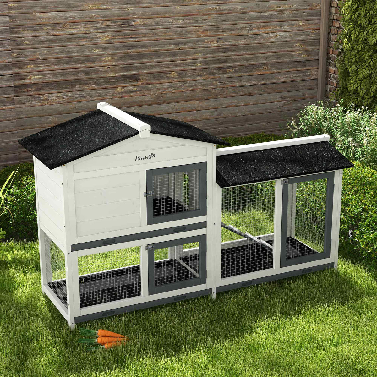 62" Rabbit Hutch, Wooden Bunny Hutch, Guinea Pig Cage, Small Animal Enclosure with Run Area, Removable Tray, Asphalt Roo