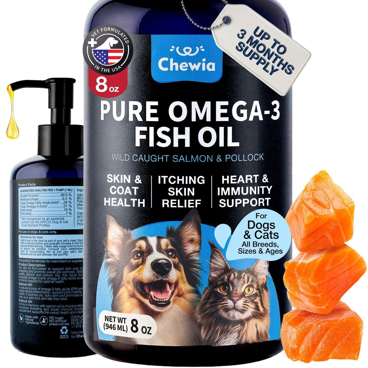 Omega 3 Fish Oil for Dogs and Cats  Healthy Skin and Coat Support Supplement  Omega 3 6 9 EPA DHA Fatty Acids  Itchy Skin, Shedding, Immunity, Joint  Wild Caught Salmon and Pollock Food Topper