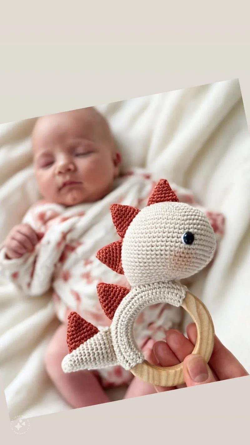 Handmade Dinosaur Rattle Teether – Safe Maple Wood & Cotton - BIG FRENCHIES