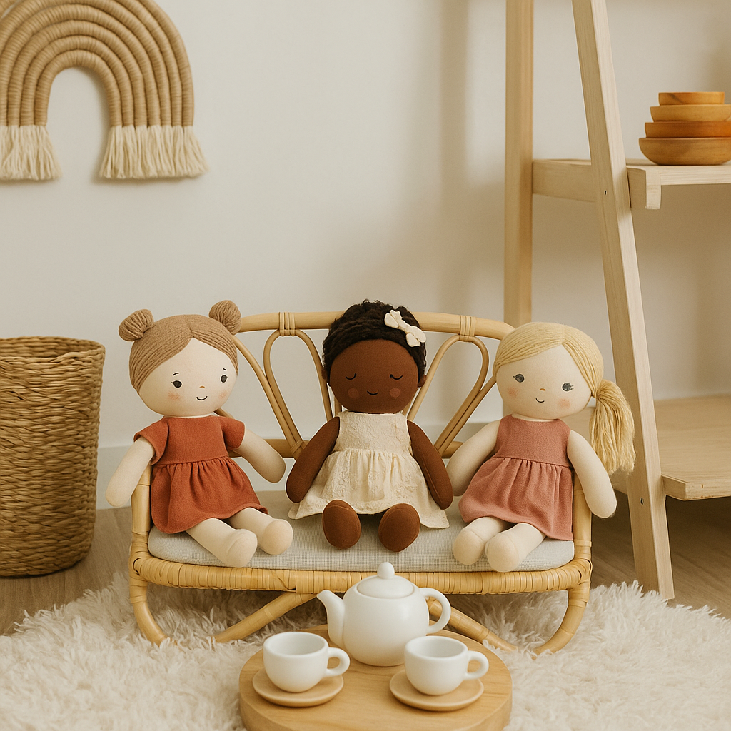 Handmade Rattan Doll Sofa | Boho Montessori Doll Furniture | Eco-Friendly Pretend Play Couch for Girls Dolls