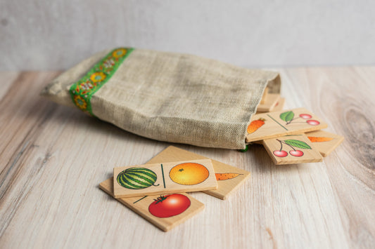 Wooden fruits/ vegetables Domino game for preschoolers in linen bag